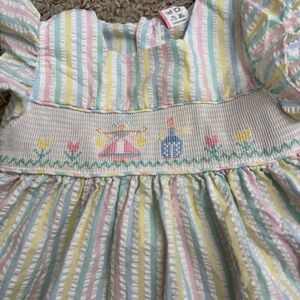 Vintage‎ Pastel Dutch Scene Smocked Seersucker Striped Easter Dress 24 Mo Retro